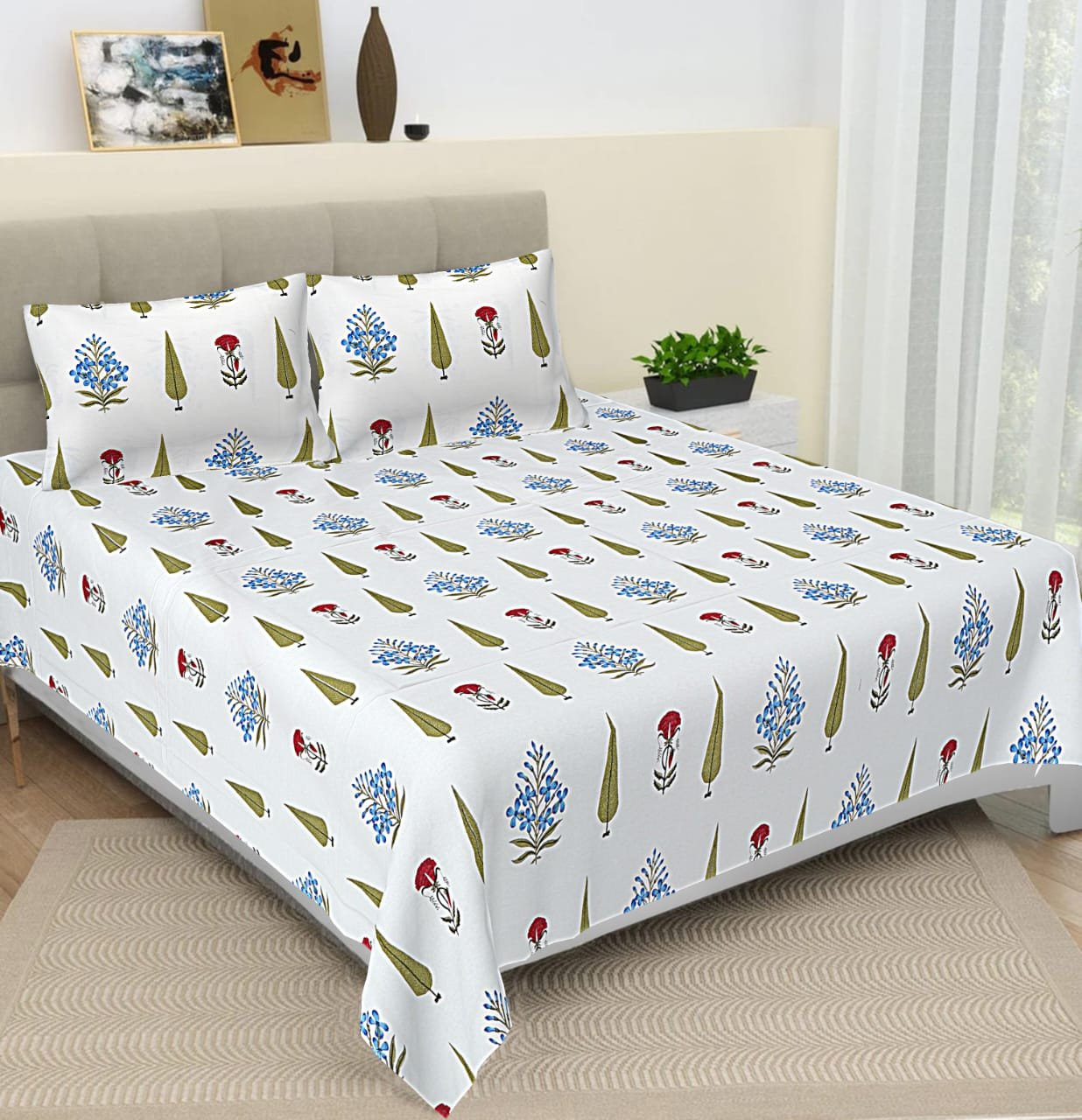 Super King Size 108” Bedsheet in Sanganeri Design with 2 Pillow Covers